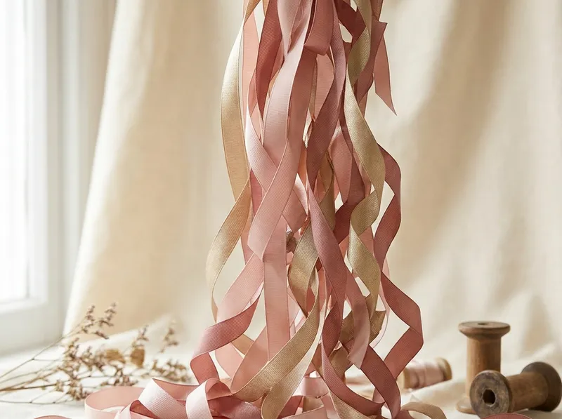 Cascading curled ribbons in blush and gold